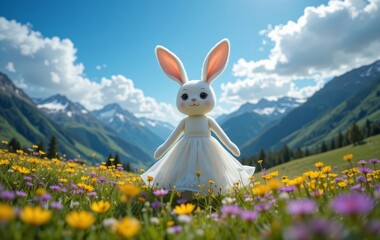 A plush bunny in a meadow with mountains and a blue sky in the background