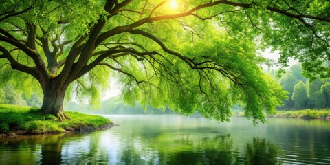 Obraz premium A serene lush green tree hanging majestically over a tranquil river, its branches gently swaying in the soft breeze, creating a soothing atmosphere, Tranquility, Peaceful