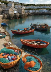 Obraz premium Traditional fishing nets and boats in the harbour at Mousehole, Cornwall, west cornwall, sailing boats