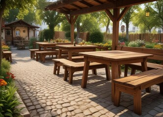 Traditional German beer garden with rustic wooden tables and benches, outdoor dining, festive decor, bayrisches weissblau