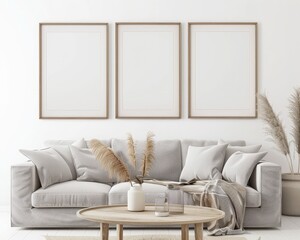 Minimalist living room interior with a beige sofa. a wooden coffee table. and three empty picture frames on the white wall