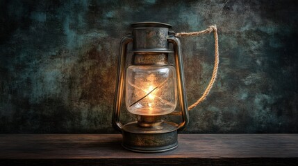 Glowing antique oil lamp on wood, dark background