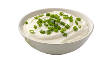 sour cream with spring onion in bowl isolated on white