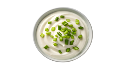 sour cream with spring onion in bowl isolated on white