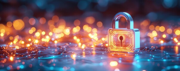 Digital transformation cybersecurity concept. Digital asset protection, holographic locks, abstract dark glowing effects