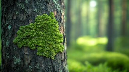 Obraz premium Mossy tree trunk in sunlit forest, nature background