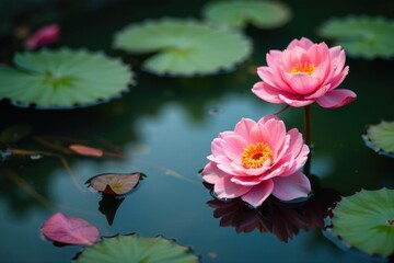 Carnations and roses submerged in a peaceful pond, leaves, water, petal