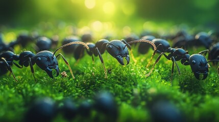 Ants marching on moss, sunlight, nature, teamwork, ecology