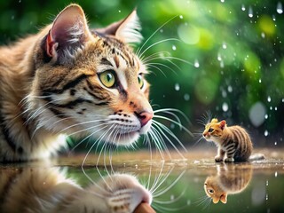 Beige Cat, Tiger Reflection, Rain Puddle, Rat Crown, Bokeh
