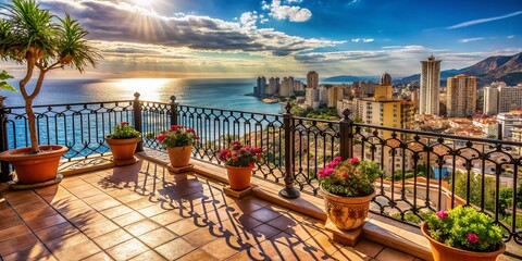 Obraz premium Benidorm Balcony: Sun-Drenched Mediterranean Apartment View, Alicante, Spain