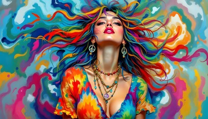 Obraz premium Vibrant Rainbow Hair Woman Art Print Colorful Abstract Painting
