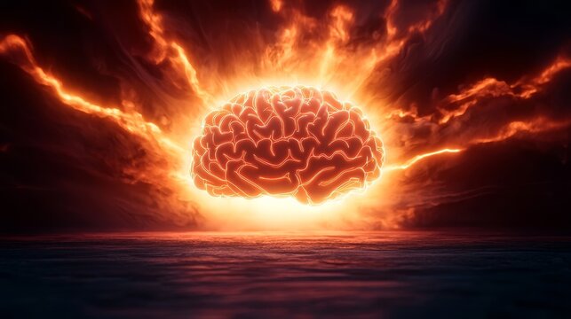 A fiery brain emerges from water, symbolizing explosive creativity and intense thoughts, surrounded by vibrant energy and radiance.