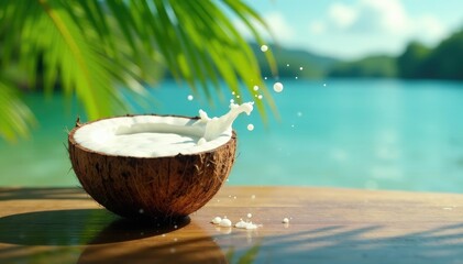 Palm fronds curve around a coconut bowl filled with creamy milk splashes near a serene lake, splash, palm leaf
