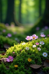 Obraz premium Petite wildflowers scattered on a mossy forest floor, blossoms, wild, forest