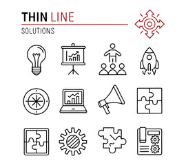 Solution thin line icon vector set. Containing problem solving, light bulb, idea, strategy, creativity, innovation, meeting, teamwork, connecting, management, puzzle, creative, invention,