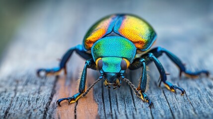 Fototapeta premium Vibrant Jewel Scarab Beetle on Weathered Wood