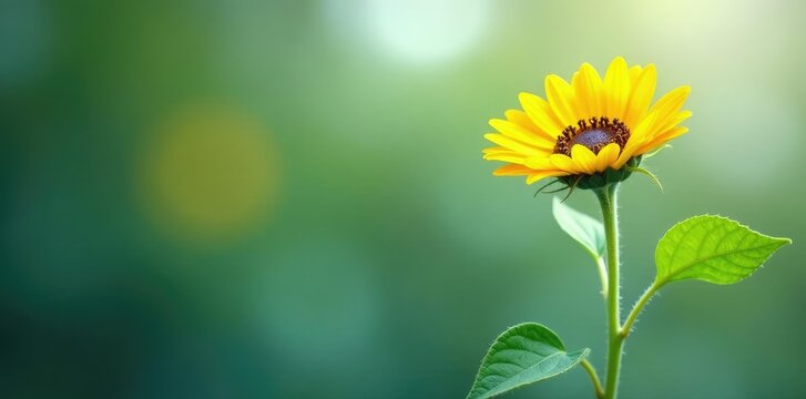 Single sunflower with delicate stem and leaves, delicate, yellow, flower