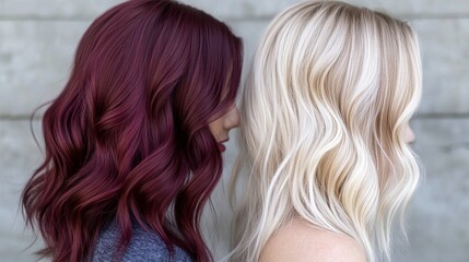 Naklejka premium Beautiful, shiny and healthy two colours of hair: burgundy and soft blond texture