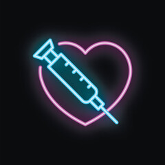 Syringe injecting love fluid into a heart, representing love addiction, a love injection, or falling in love