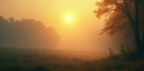 Fototapeta premium Soft gold light passes through misty atmosphere, gentle illumination, hazy, foggy