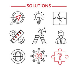 Solution thin line icon vector set. Containing problem solving, light bulb, idea, strategy, creativity, innovation, meeting, teamwork, connecting, management, puzzle, creative, invention,
