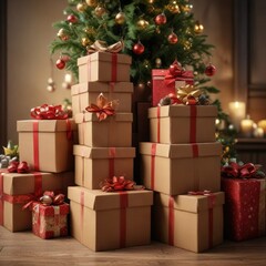 Obraz premium Stacked brown boxes with Christmas decorations , packaging, xmas, gift wrapping