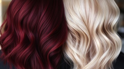 Fototapeta premium Beautiful, shiny and healthy two colours of hair: burgundy and soft blond texture