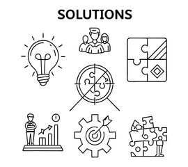 Solution thin line icon vector set. Containing problem solving, light bulb, idea, strategy, creativity, innovation, meeting, teamwork, connecting, management, puzzle, creative, invention,