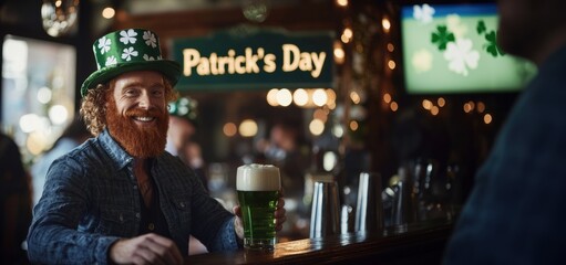 Red-haired man in shamrock-patterned green hat holding glass of green beer in lively pub, with St. Patricks Day decor.