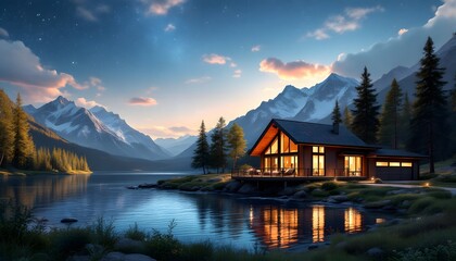 Fototapeta premium Mountain Lake Cabin Sunset Landscape Peaceful Scenery