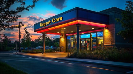 "Urgent Care Facility at Dusk with a Brightly Lit Sign and Welcoming Entrance"