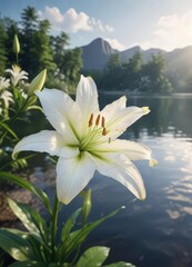 Stunning white lily flower blooming at picturesque Tansa River reservoir, lily pads, peaceful scenery
