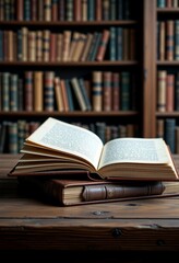 Fototapeta premium aged leather-bound book with handwritten notes, rustic library shelf, photorealistic 8K, literature, memory, wisdom, vaporwave, copy space for text