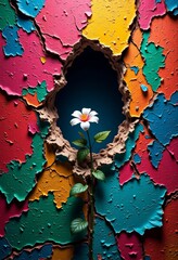 Boldly Striking Wall Resilience Abstract Illustration, 4K Backlit Flower Growth, Vaporwave Aesthetic, Copy Space for Text