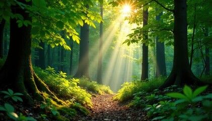 Fototapeta premium Sunbeams pierce through leafy gaps in the forest, forest floor, sunlight, nature's textures