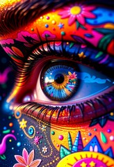 Vivid Eye Patterns Reflecting Surreal Landscapes and Whimsical Creatures, Photorealistic 8K Creative Fantasy Art for Subconscious Exploration, Vaporwave Aesthetic with Copy Space