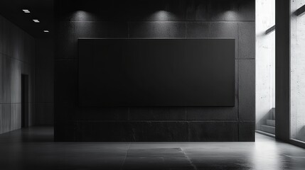 Modern Black Wall Mockup Displaying Art or Signage in a Minimalistic Interior with Soft Lighting and Textured Textures