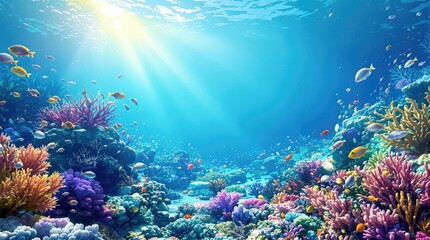 Fototapeta premium Sunlit sand ocean floor with diverse sea life, oceanic environment, tropical sea