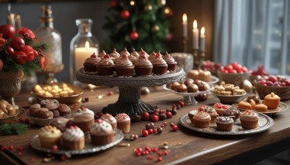 Naklejka premium Sweet treats and chocolates arranged on a decorative table with festive decorations, celebratory food , arrangement, yummy