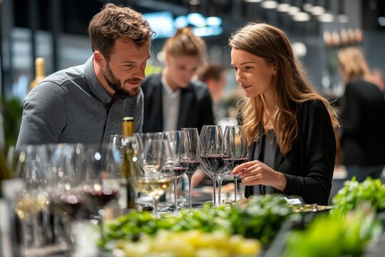 Couple tasting wine at food market