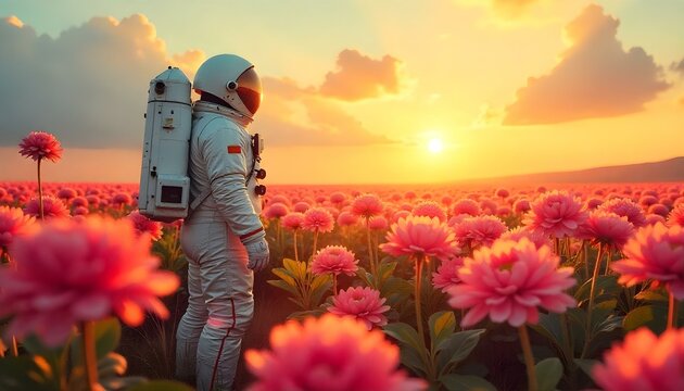 Astronaut in Pink Flower Field at Sunset