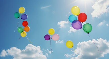 Naklejka premium Multicolored Rainbow Balloons Ascending Against a Vivid Blue Sky with Puffy White Clouds: A Festive and Joyful Celebration Image