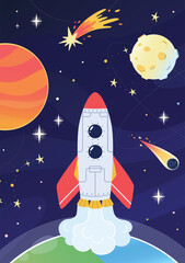 Spaceship takeoff from planet earth into outer space. New extraterrestrial discoveries. Children's poster on space theme. Space travel. Vector illustration