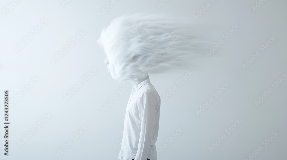 Poster surreal representation of a person experiencing mental overload, with a cloud like explosion emanati