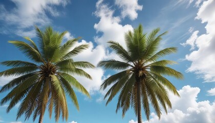 Obraz premium Tall coconut tree in front of a clear blue sky with white clouds, coconut tree, nature
