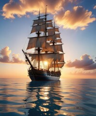 Obraz premium Tall ship sailing through crystal clear calm waters under a serene blue sky at sunset, sailboat, tranquil, clear waters