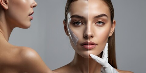Beauty transformation process with a model showcasing skincare techniques in a professional setting