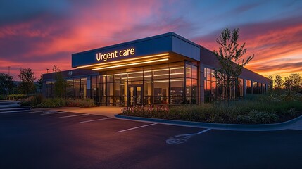 "Urgent Care Facility at Dusk with a Brightly Lit Sign and Welcoming Entrance"