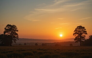 A landscape photo of a sunset with warm tones and trees silhouetted on either side
