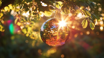 Disco Ball Hanging from Tree Branch at Sunset